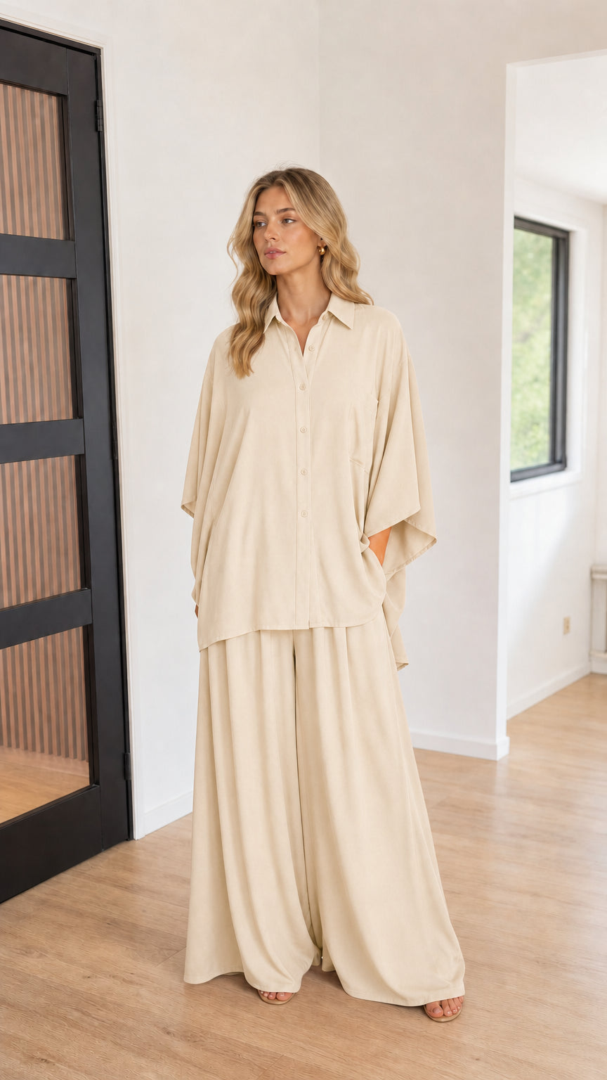 Cream women's collared dolman top and flowing wide-leg pants set