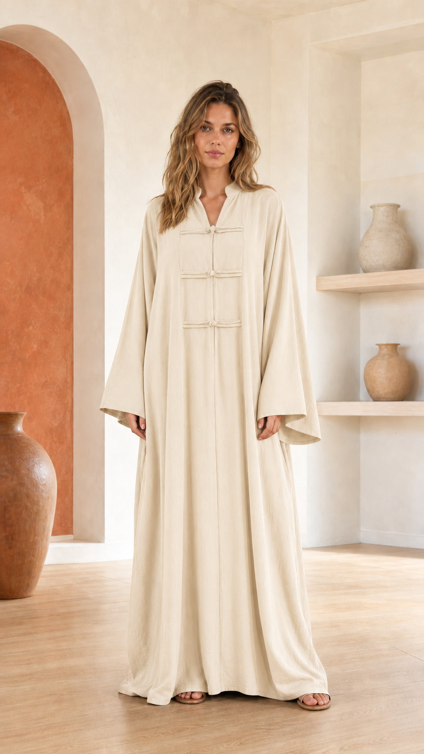 Front view of woman wearing beige maxi dress