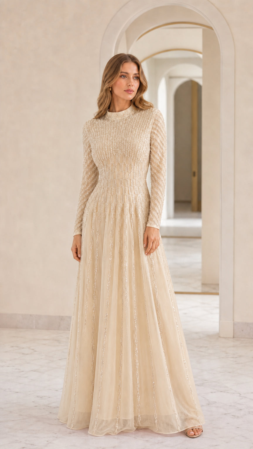 Front view of model wearing champagne sequin long sleeve maxi dress