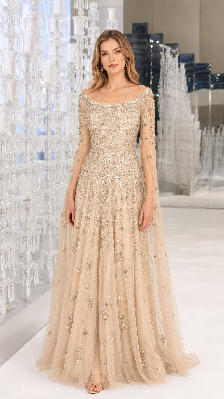 Front view of Champagne embellished evening gown