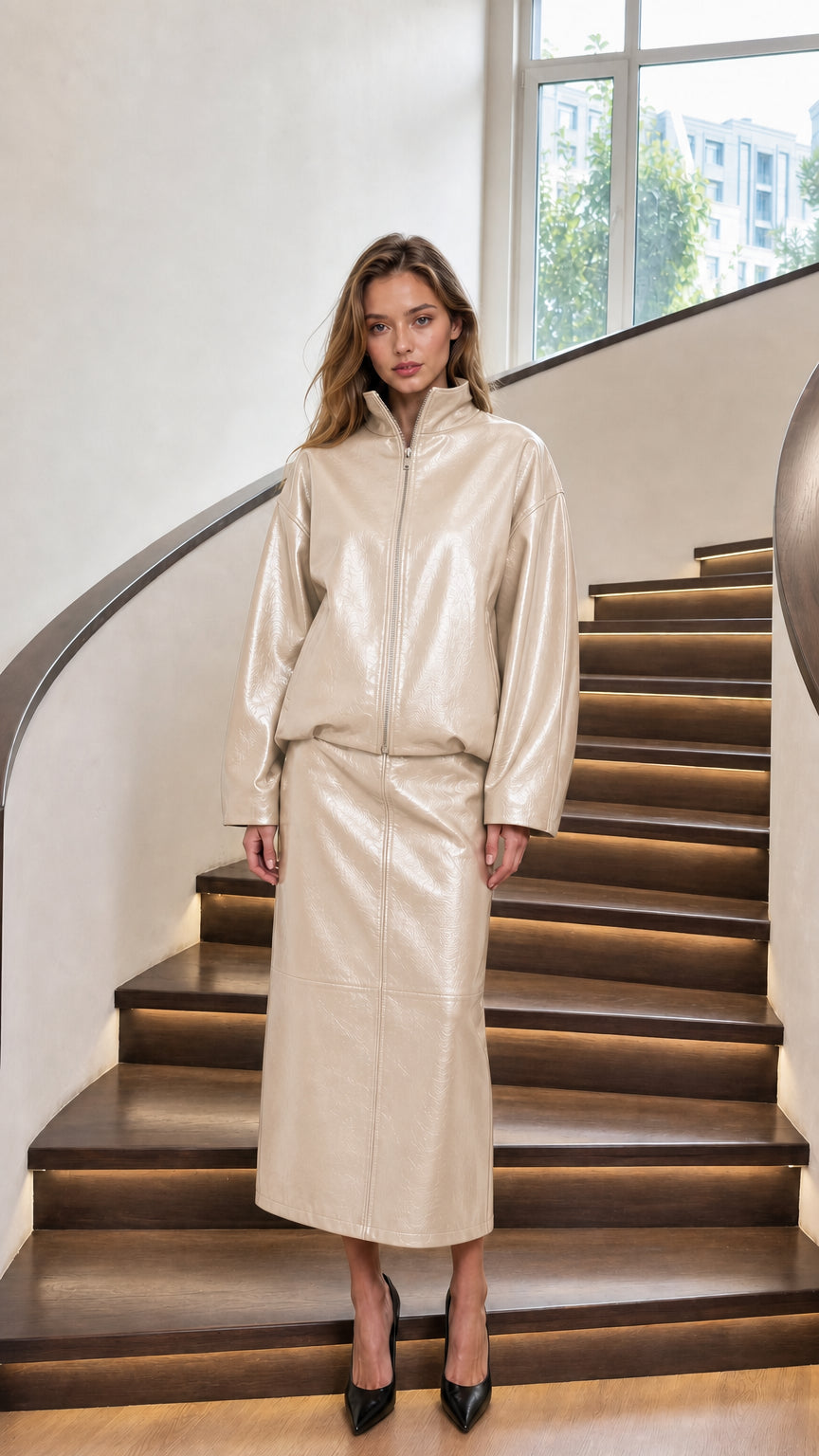 Woman wearing beige glossy faux leather matching set
