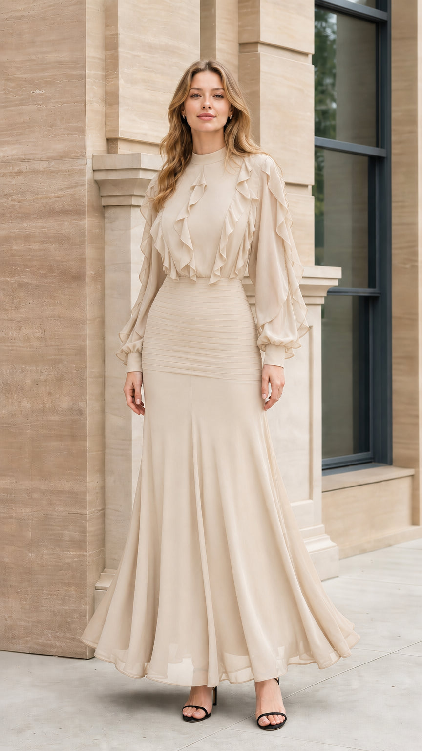 Front view of model wearing champagne ruffled maxi dress