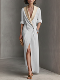 Women's Light Luxury Style White Cotton Blend Spliced Satin Lapel Slit Long Dress MDZ1246F2GMJ