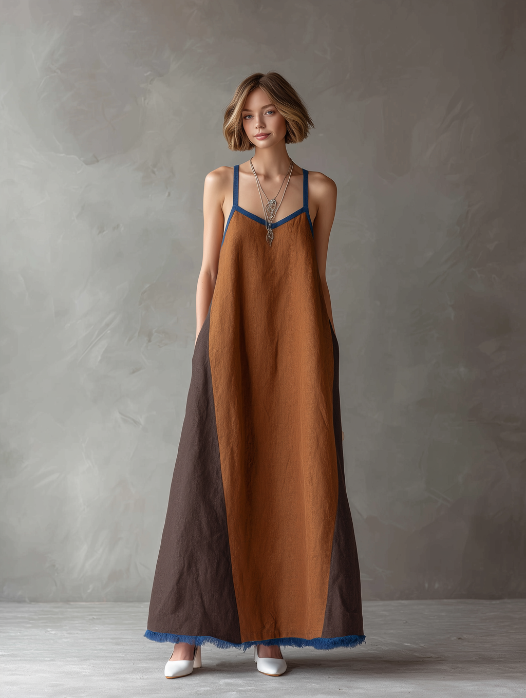 Women's Minimalist Linen-Blend Color-Block Maxi Dress With Spaghetti Straps And Raw Hem MDZ2310F1WY
