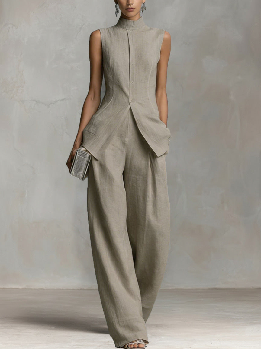 Linen-Look Sleeveless Mock Neck Vest & Wide-Leg Pants Set