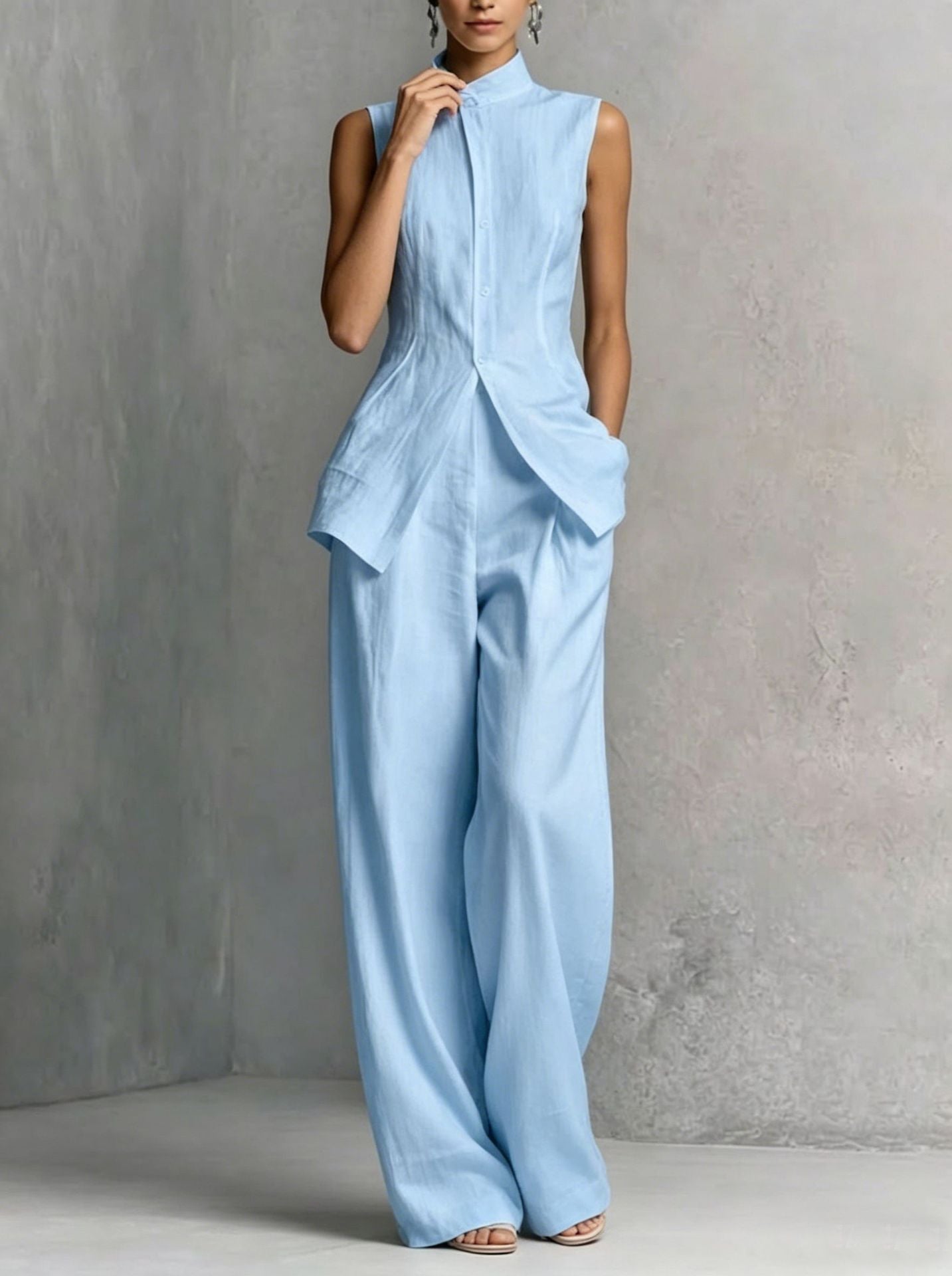 Linen-Look Sleeveless Mock Neck Vest & Wide-Leg Pants Set
