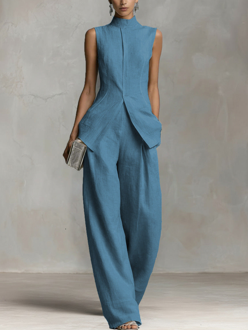 Linen-Look Sleeveless Mock Neck Vest & Wide-Leg Pants Set