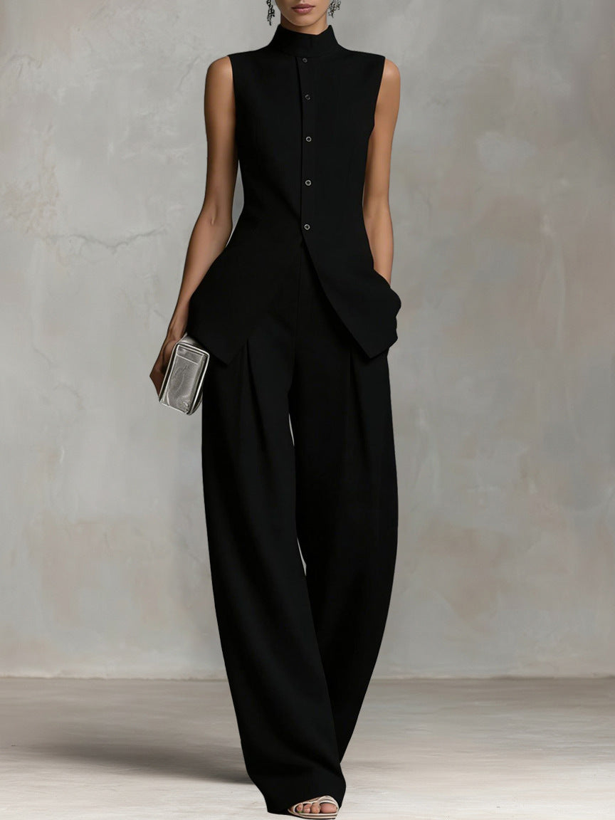 Linen-Look Sleeveless Mock Neck Vest & Wide-Leg Pants Set