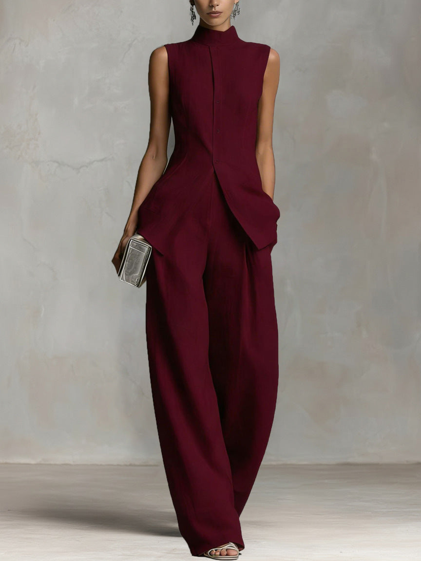 Linen-Look Sleeveless Mock Neck Vest & Wide-Leg Pants Set